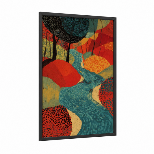 Crimson River Flow framed rivers print — black wood frame — red and teal palette