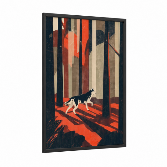 Forest Husky framed art print — black wood frame — black and red palette