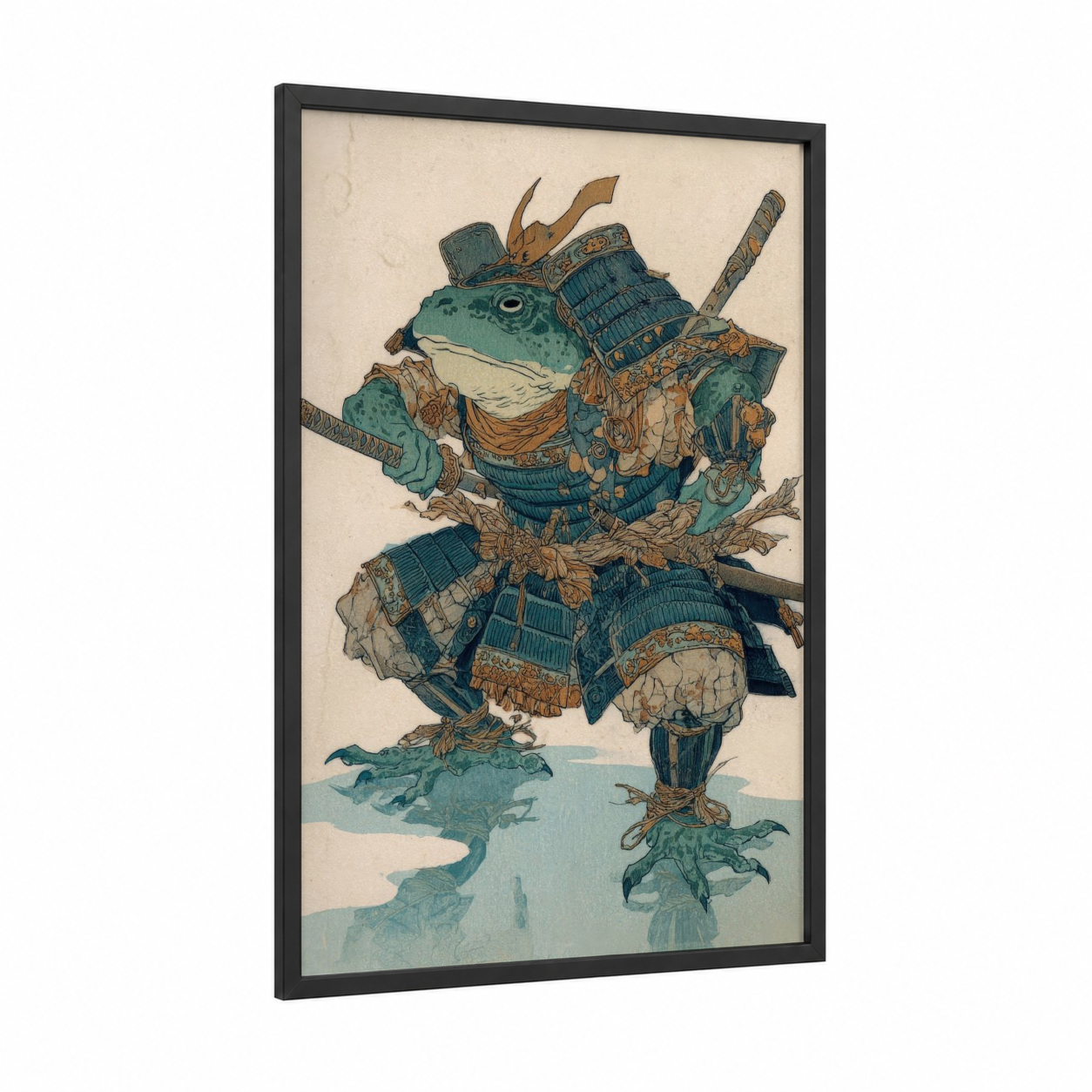 Armored Samurai Frog framed frogs and toads print — black wood frame — teal and gold palette