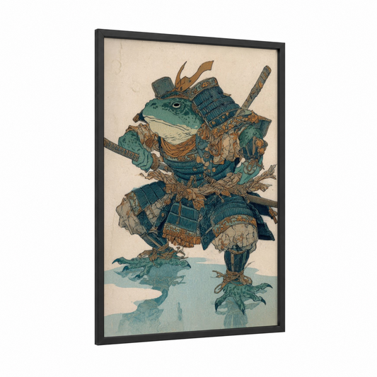 Armored Samurai Frog framed frogs and toads print — black wood frame — teal and gold palette