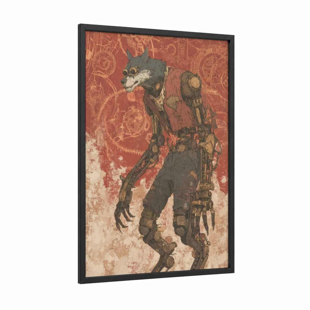 Steampunk Werewolf framed art print — black wood frame — gold palette