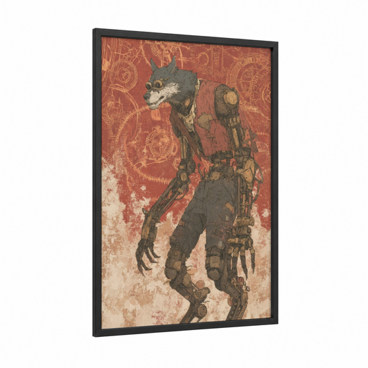 Steampunk Werewolf framed art print — black wood frame — gold palette