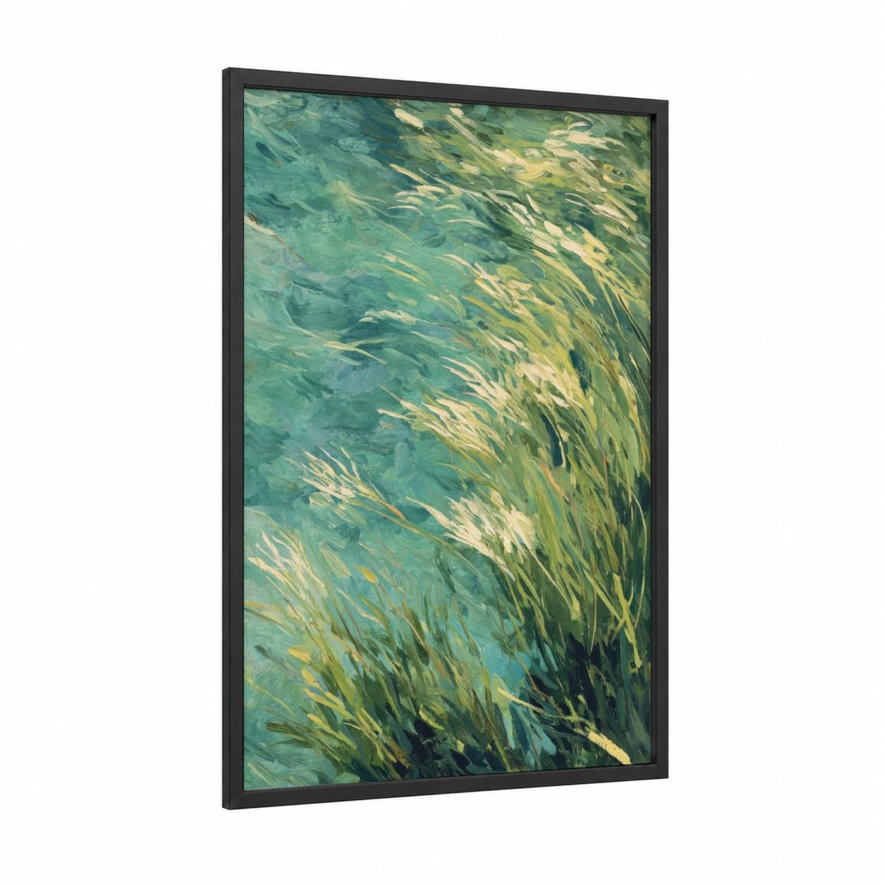 Windswept Grass framed art print — black wood frame — green and yellow gold palette