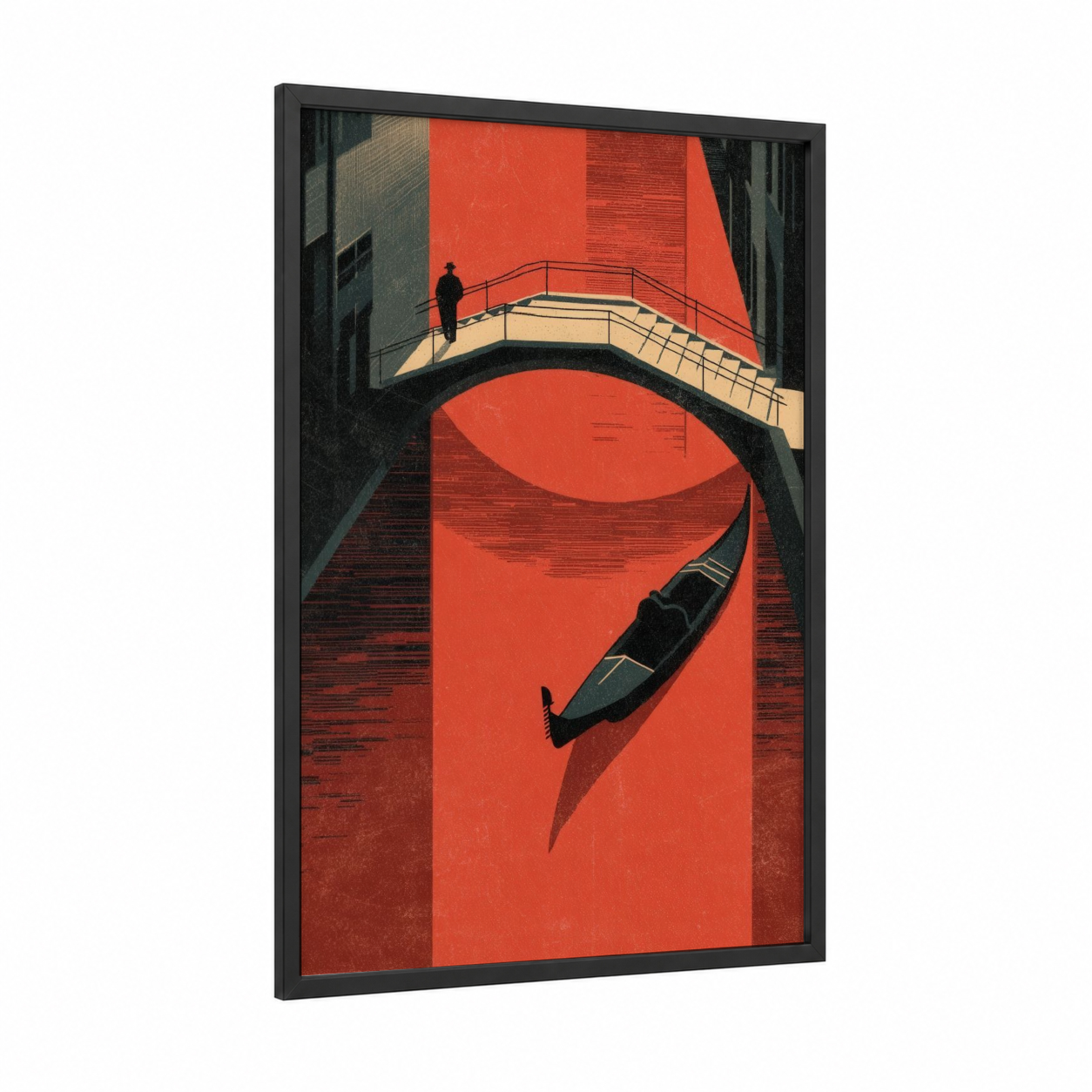 Crimson Venice framed gondola print — black wood frame — red and black and white palette