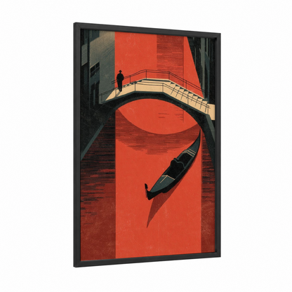 Crimson Venice framed gondola print — black wood frame — red and black and white palette