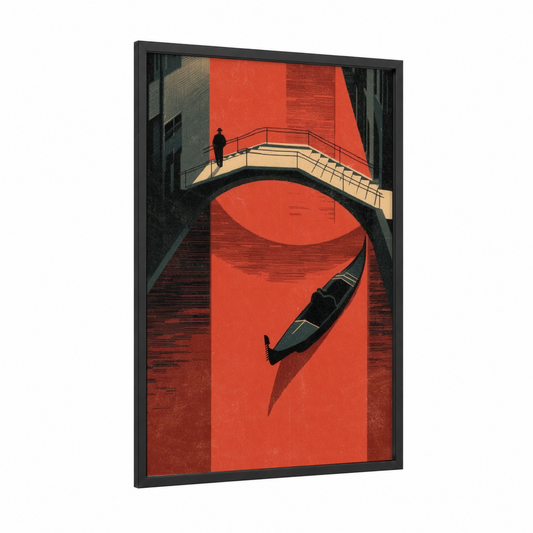 Crimson Venice framed gondola print — black wood frame — red and black and white palette