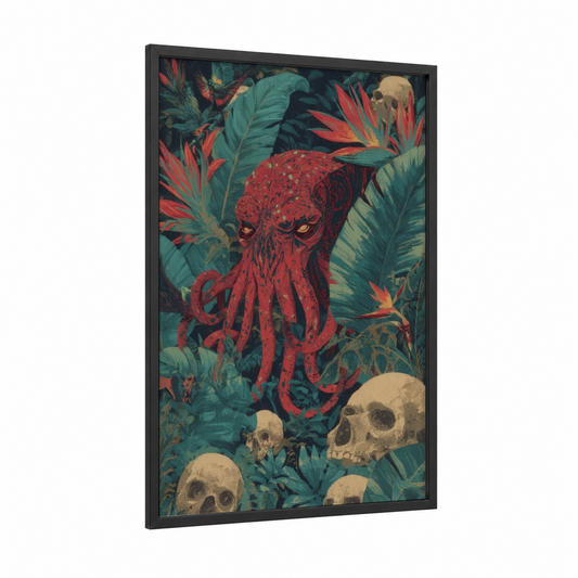 Crimson Cthulhu framed art print — black wood frame — red and dark green palette