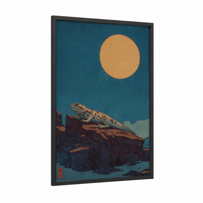 Desert Lizard Sunset framed art print — black wood frame — teal and gold palette