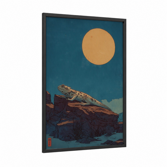 Desert Lizard Sunset framed art print — black wood frame — teal and gold palette