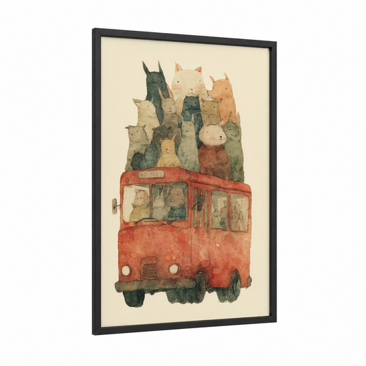 Whimsical Bus Cats framed art print — black wood frame — cream and russet palette