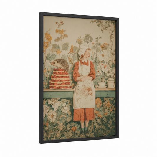 Hedgehog Baker framed art print — black wood frame — sage green palette