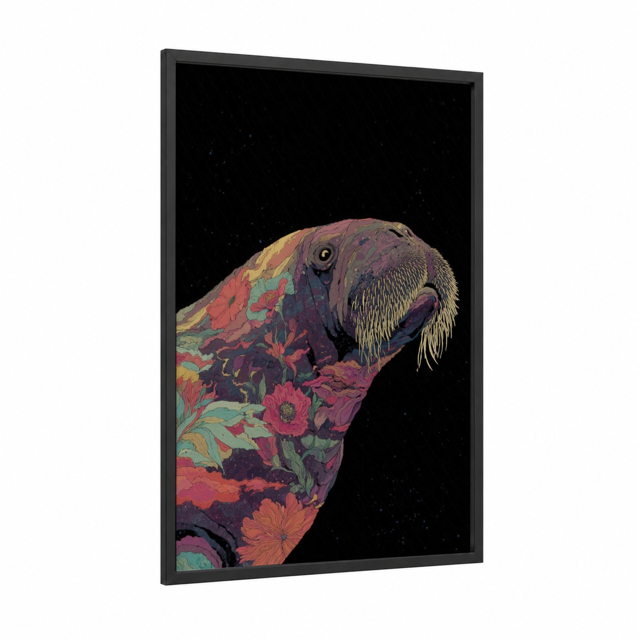 Floral Walrus framed art print — black wood frame — magenta and gold palette
