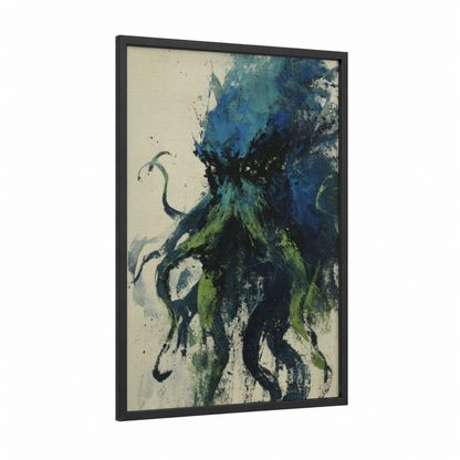 Cosmic Cthulhu framed art print — black wood frame — blue and green palette