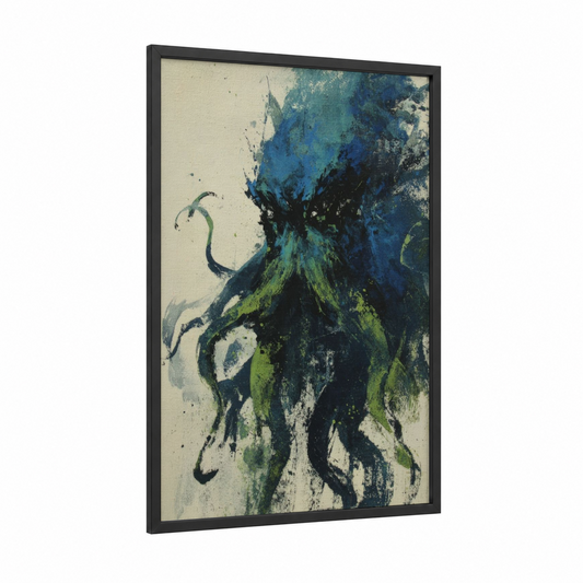 Cosmic Cthulhu framed art print — black wood frame — blue and green palette