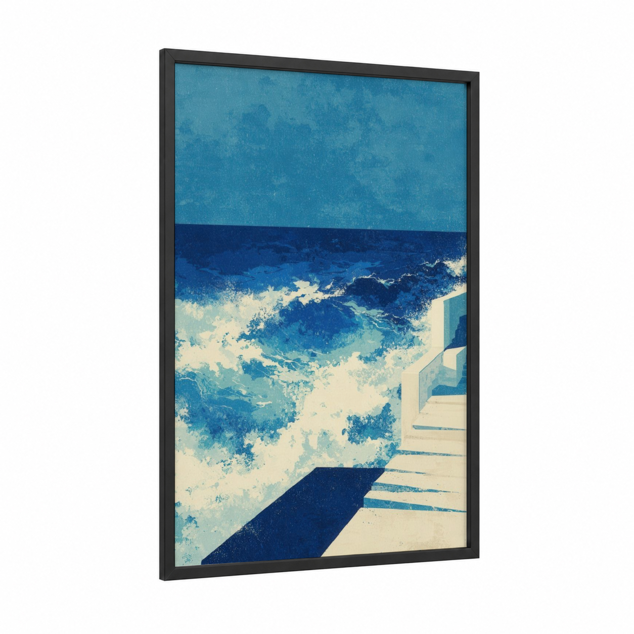 Coastal Stairway framed seascapes and ocean print — black wood frame — blue and cream palette