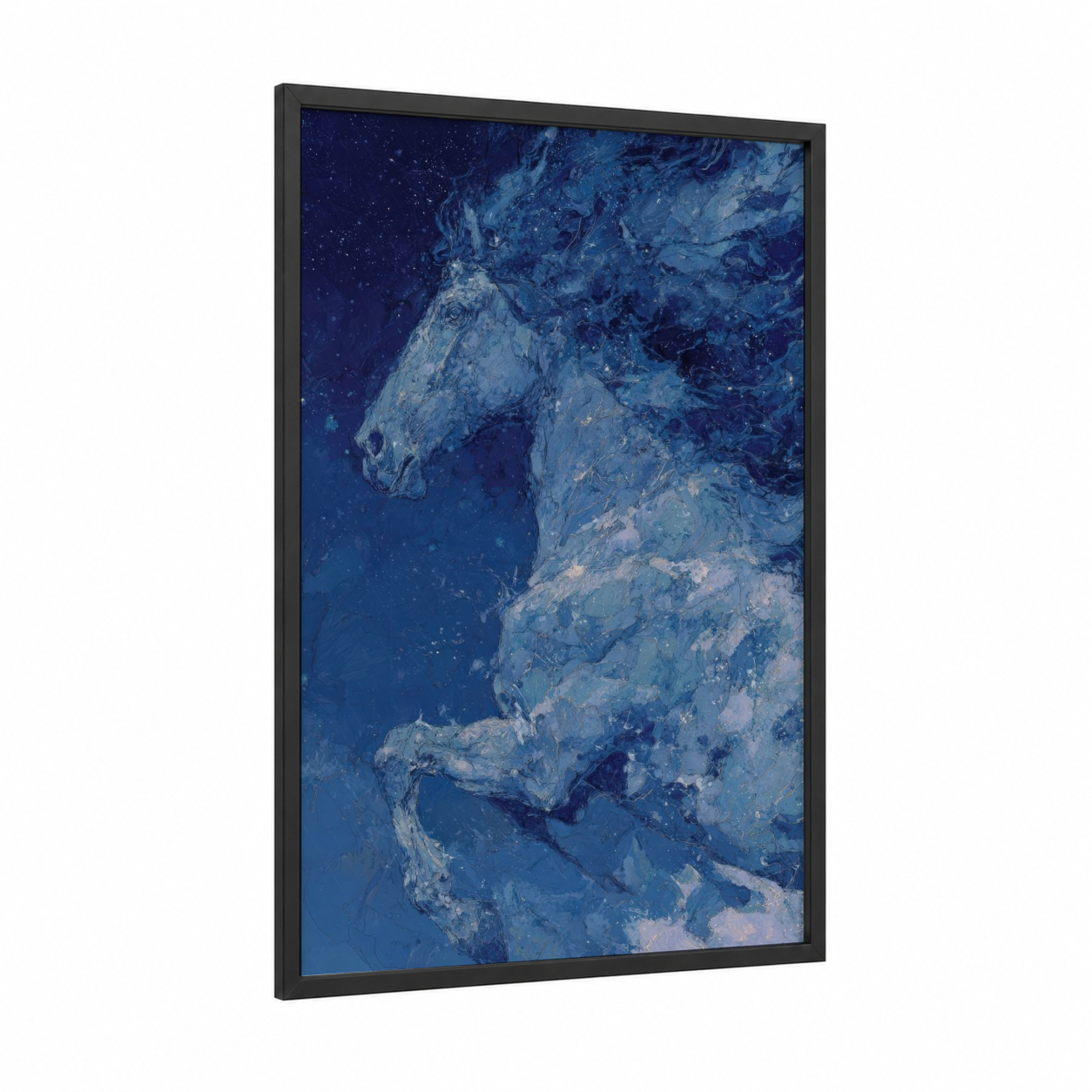 Celestial Mule framed art print — black wood frame — blue and silver palette