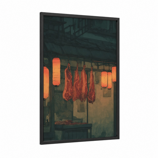 Butcher Shop Scene framed meat print — black wood frame — red and gray palette