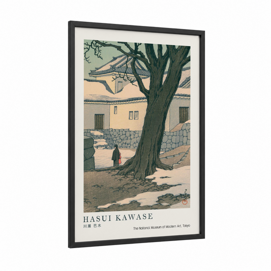 Winter Courtyard framed art print — black wood frame — cream and blue and gray palette