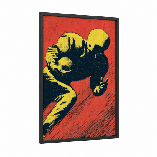 Dynamic Football Player framed art print — black wood frame — red and yellow gold palette