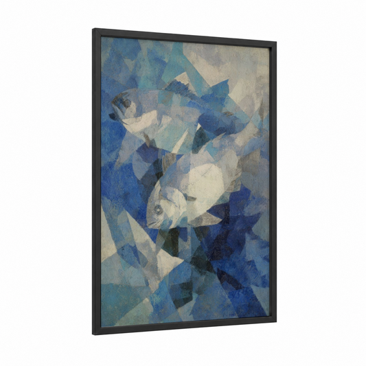 Cubist Tuna framed art print — black wood frame — blue and white and blue and gray palette