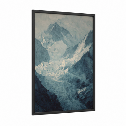 Alpine Glacier Valley framed art print — black wood frame — gray and white palette