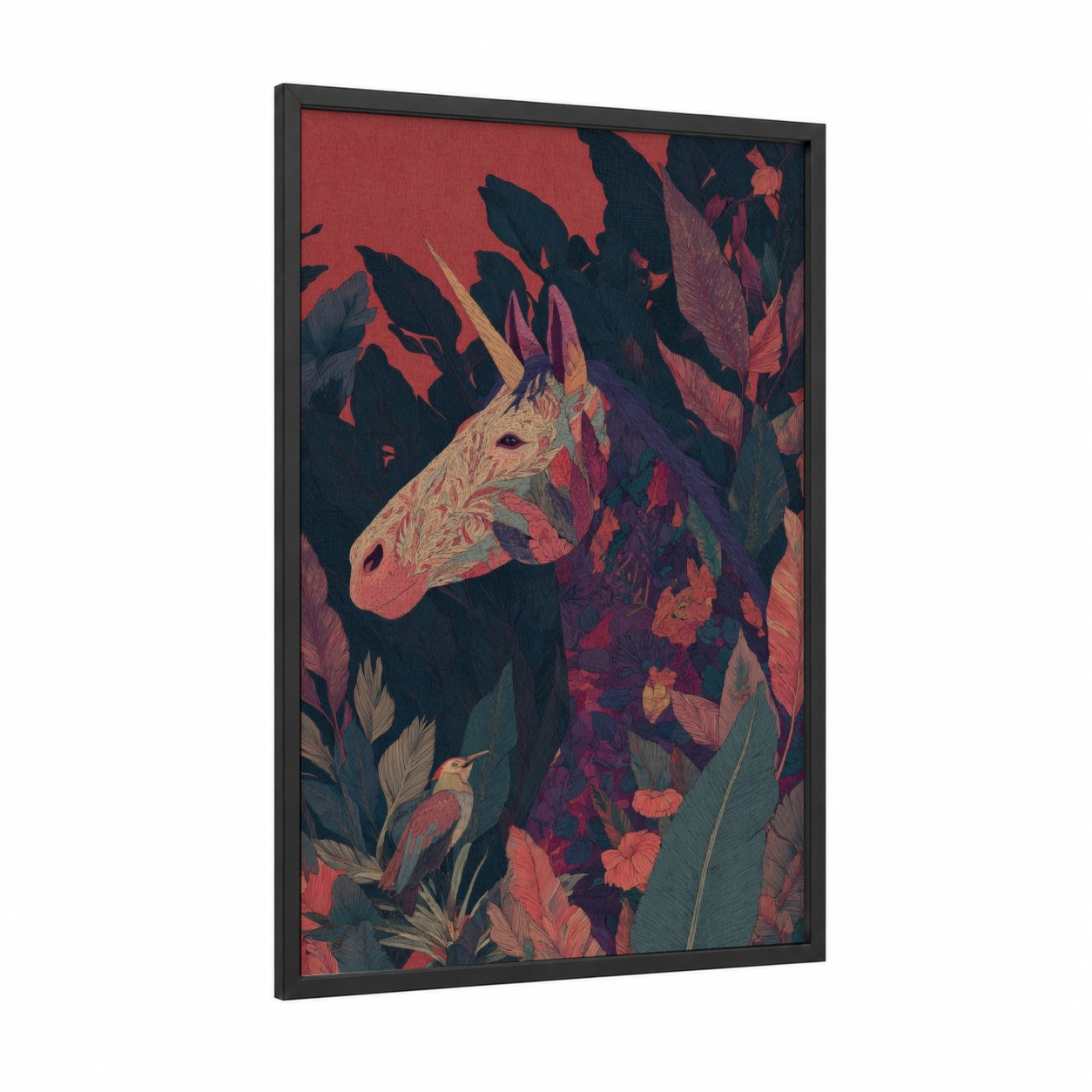 Enchanted Unicorn framed unicorns print — black wood frame — red and dark blue palette