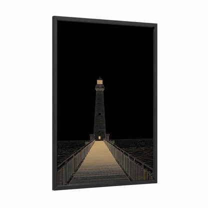 Nighttime Lighthouse Beacon framed art print — black wood frame — black and gold and cream palette