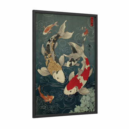 Swimming Koi Garden framed koi fish print — black wood frame — gold and red palette
