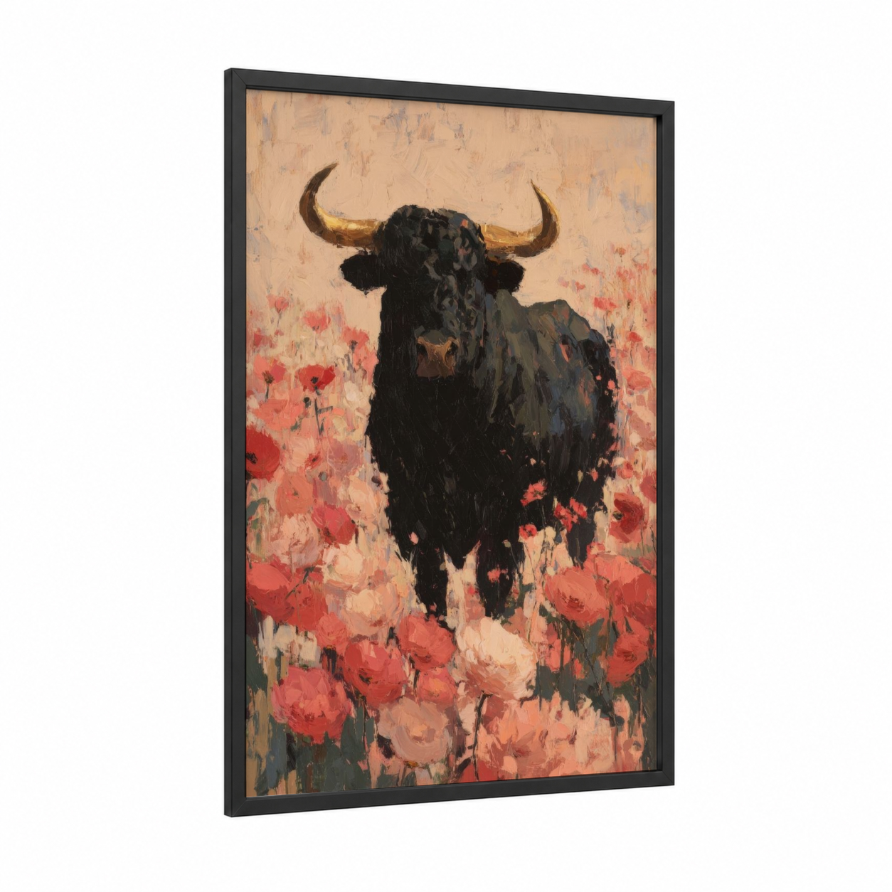 Taurus Poppy Field framed art print — black wood frame — peach and red palette
