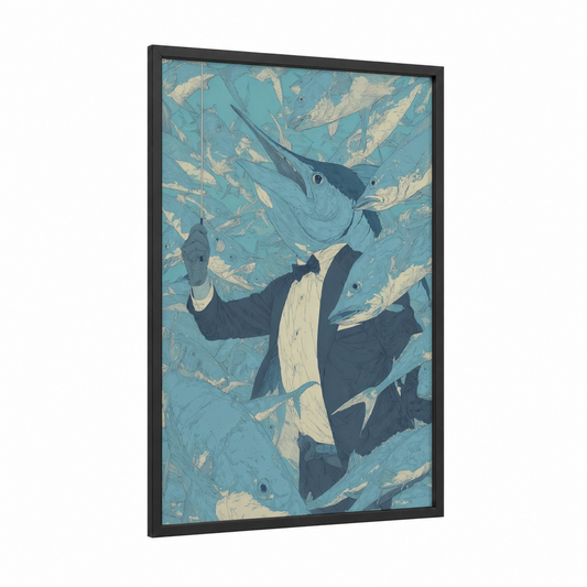 Azure Marlin framed blue marlin print — black wood frame — blue and cream palette