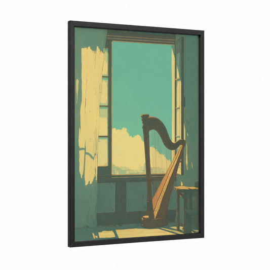 Sunlit Harp framed art print — black wood frame — turquoise and yellow gold palette