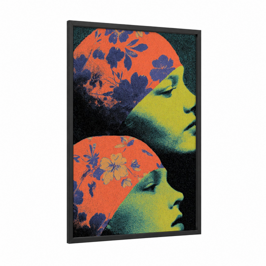 Chromatic Swimmers framed synchronized swimming print — black wood frame — orange and yellow palette