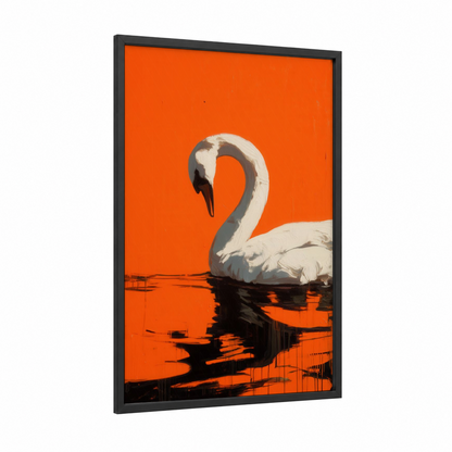 Crimson Swan framed art print — black wood frame — orange and white palette