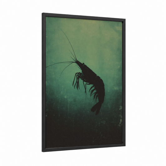 Deep Water Shrimp framed art print — black wood frame — teal and black palette