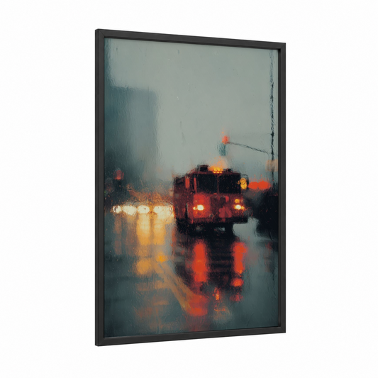 Rainy Fire Engine framed art print — black wood frame — red and gray palette