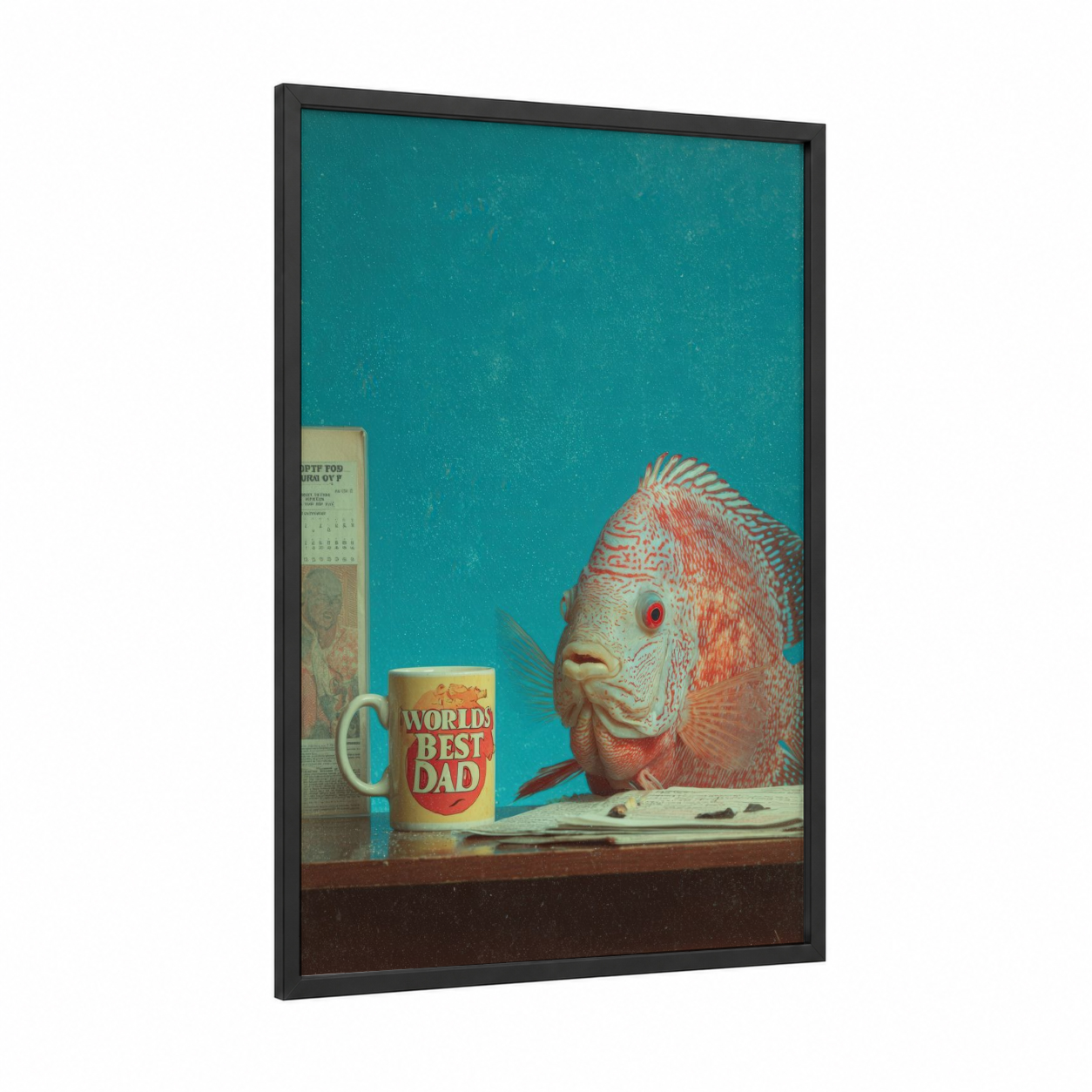 Retro Discus Fish framed art print — black wood frame — turquoise and salmon pink palette
