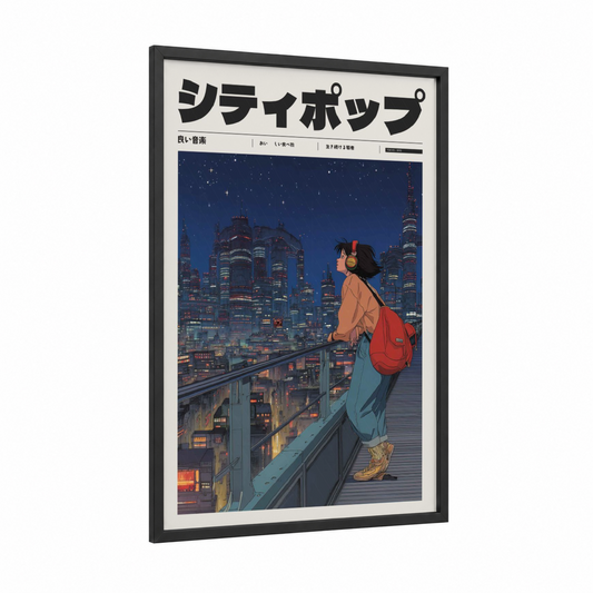 Rooftop Dreamer framed anime and manga print — black wood frame — dark blue and orange palette