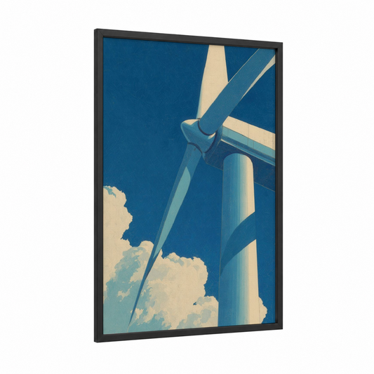 Towering Wind Turbine framed art print — black wood frame — blue and cream palette