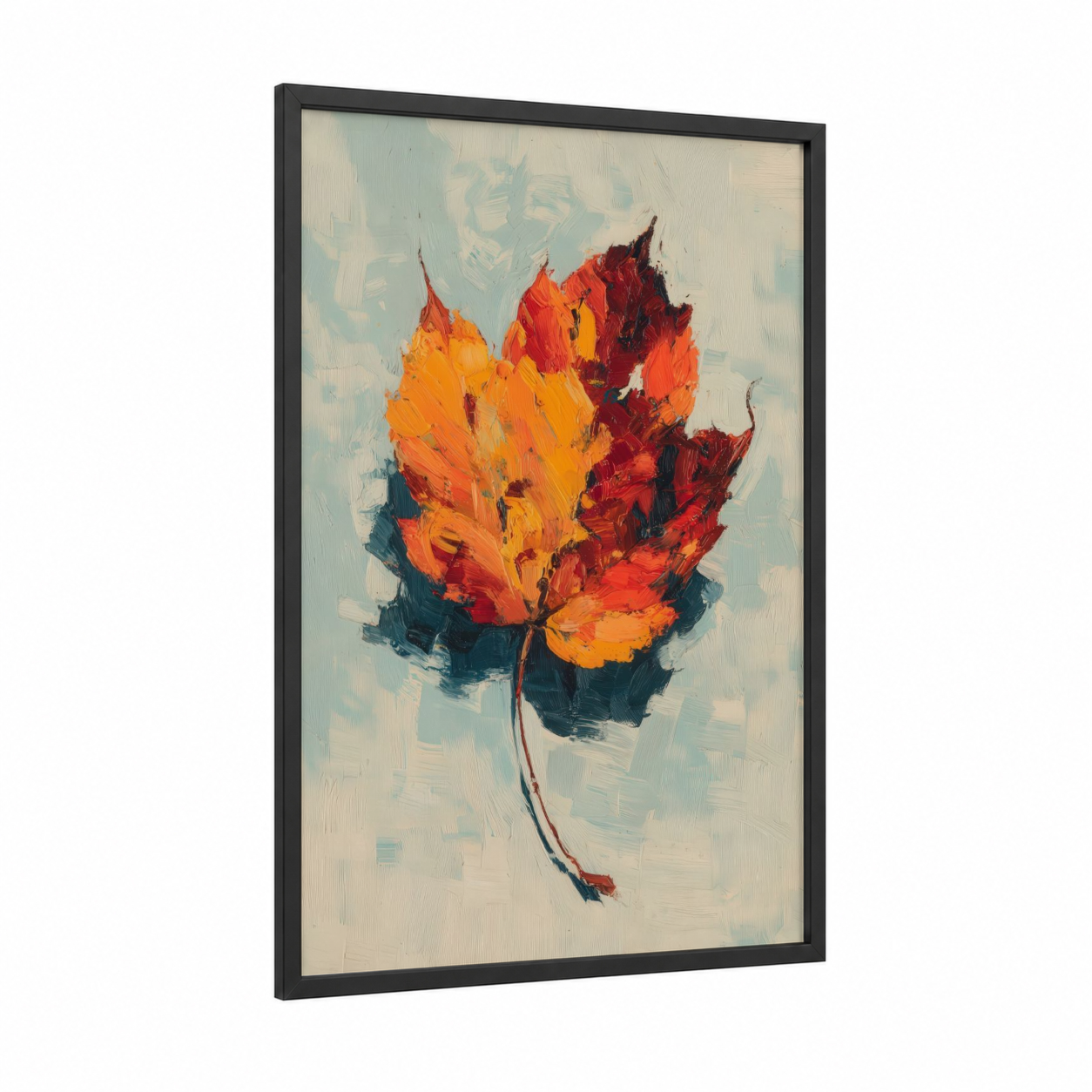 Autumn Leaf Study framed art print — black wood frame — orange and blue palette