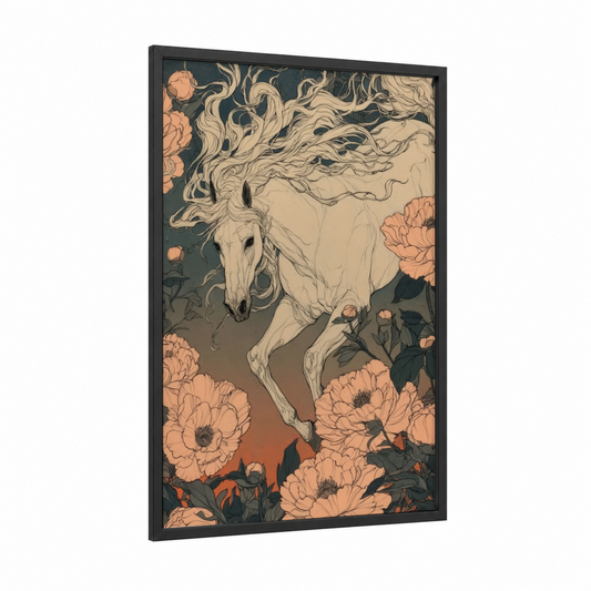 Floral Andalusian framed andalusian horse print — black wood frame — peach and teal palette