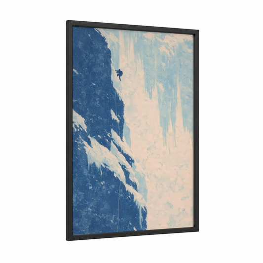 Frozen Ascent framed rock climbing print — black wood frame — dark blue and cream palette