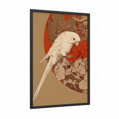 Ivory Parrot framed safari parrots print — black wood frame — beige palette