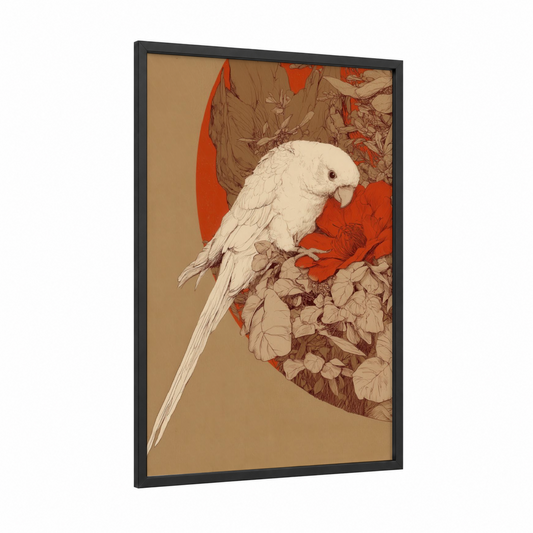 Ivory Parrot framed safari parrots print — black wood frame — beige palette