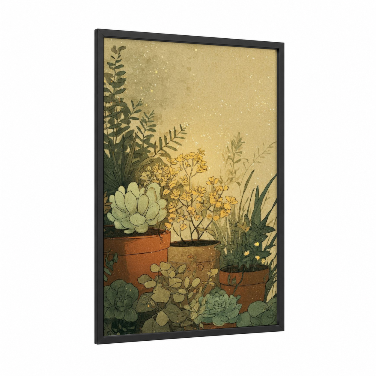 Golden Succulent Garden framed art print — black wood frame — gold and white and sage green palette