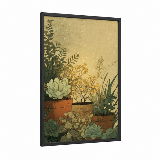 Golden Succulent Garden framed art print — black wood frame — gold and white and sage green palette