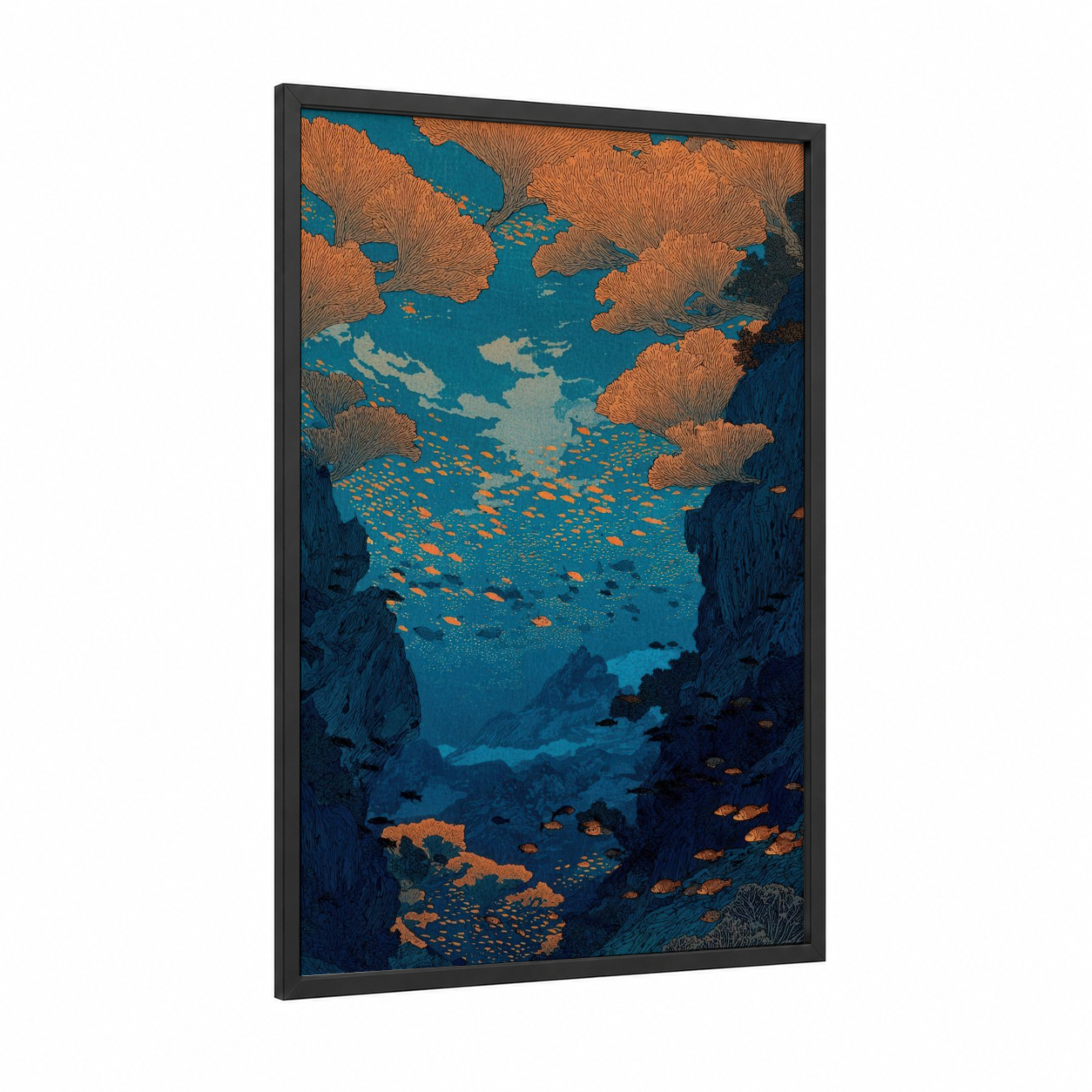 Coral Reef Sanctuary framed art print — black wood frame — blue and gold palette