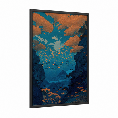 Coral Reef Sanctuary framed art print — black wood frame — blue and gold palette