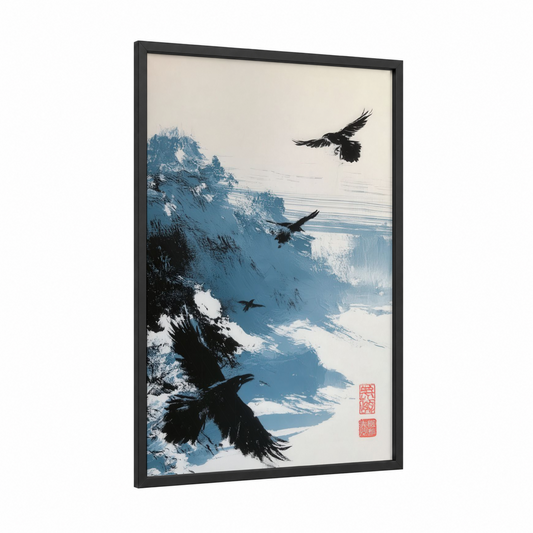 Mountain Ravens framed crows and ravens print — black wood frame — blue and black and white palette