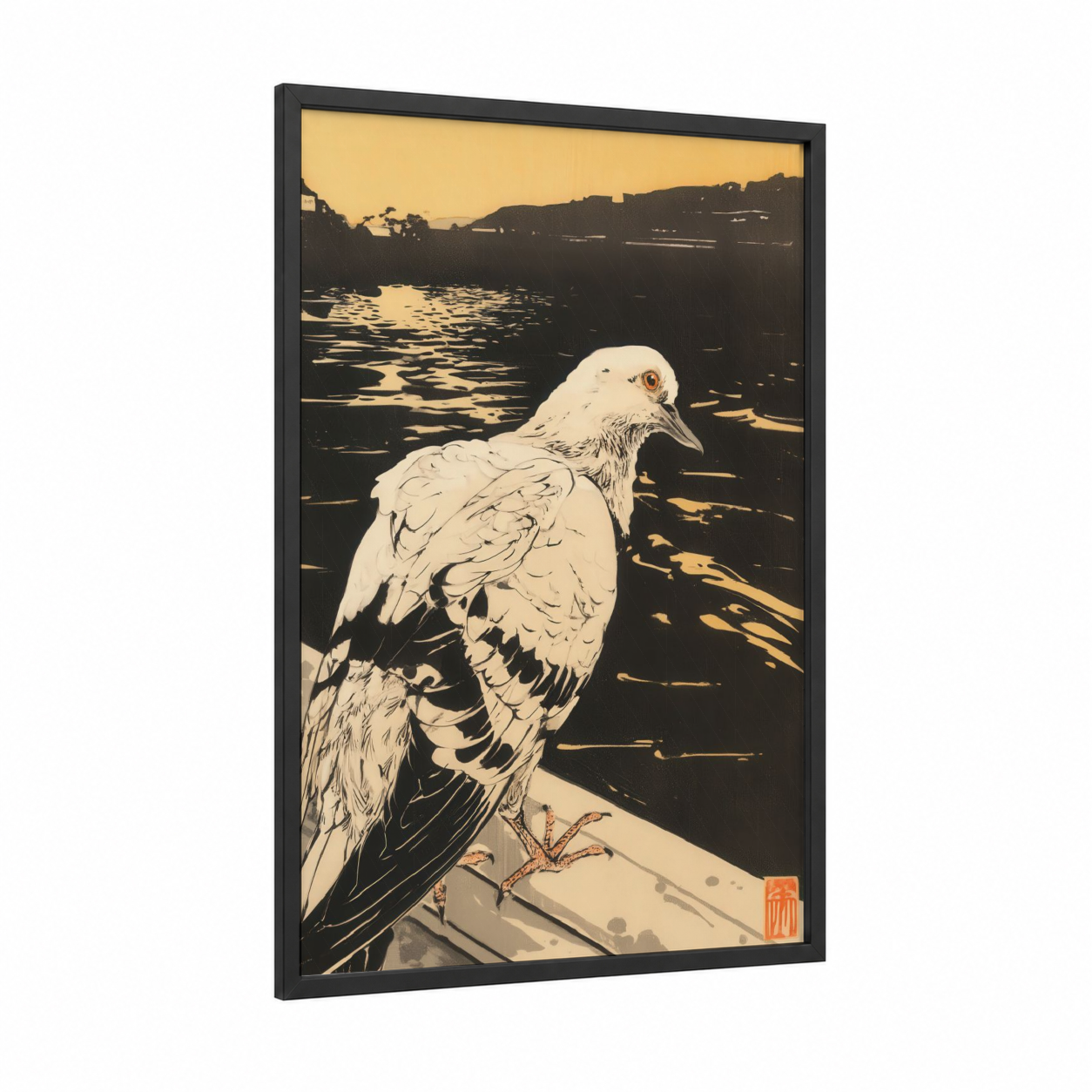 Waterfront Pigeon framed art print — black wood frame — gold and black and white palette