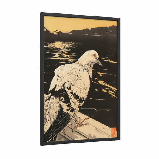 Waterfront Pigeon framed art print — black wood frame — gold and black and white palette